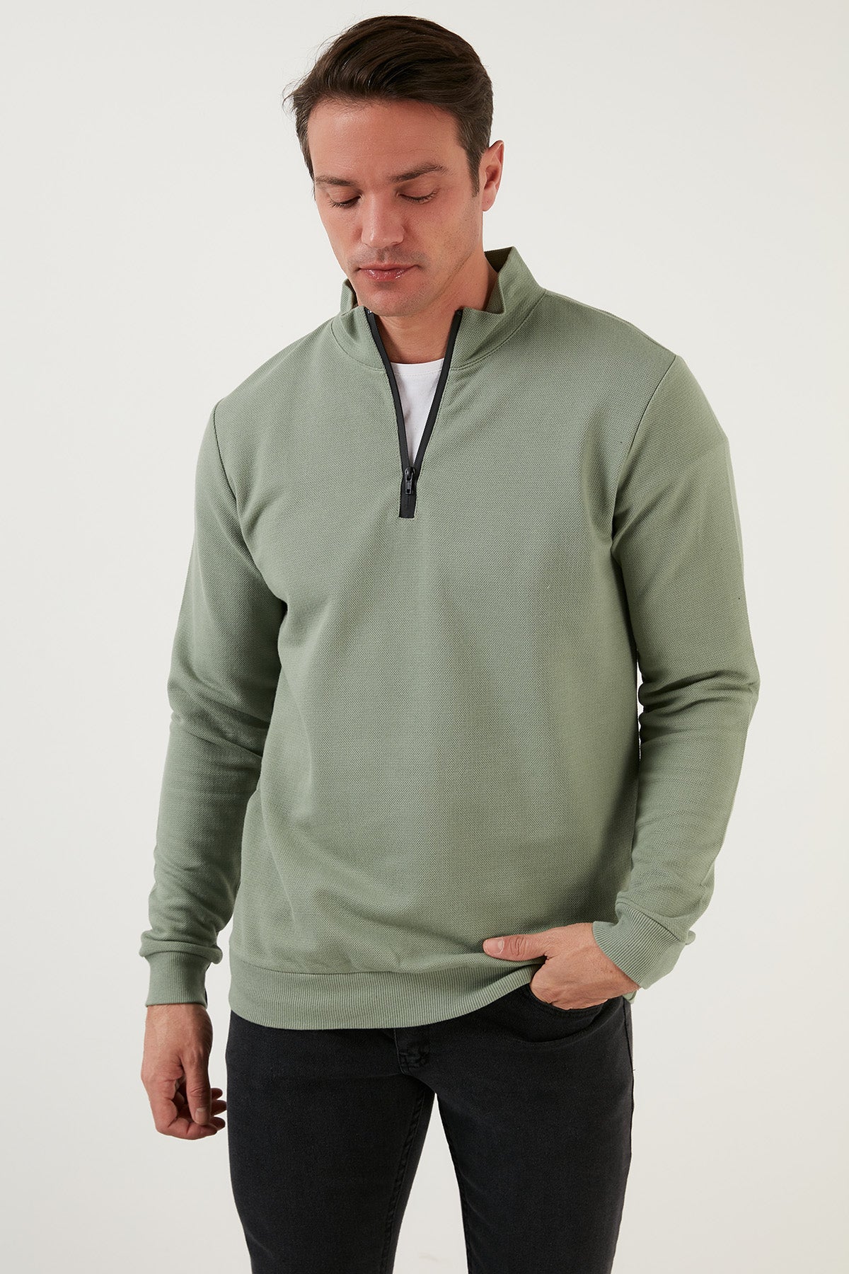 Buratti Pamuklu Slim Fit Yarım Fermuarlı Dik Yaka Erkek Sweat 5905400 Elma