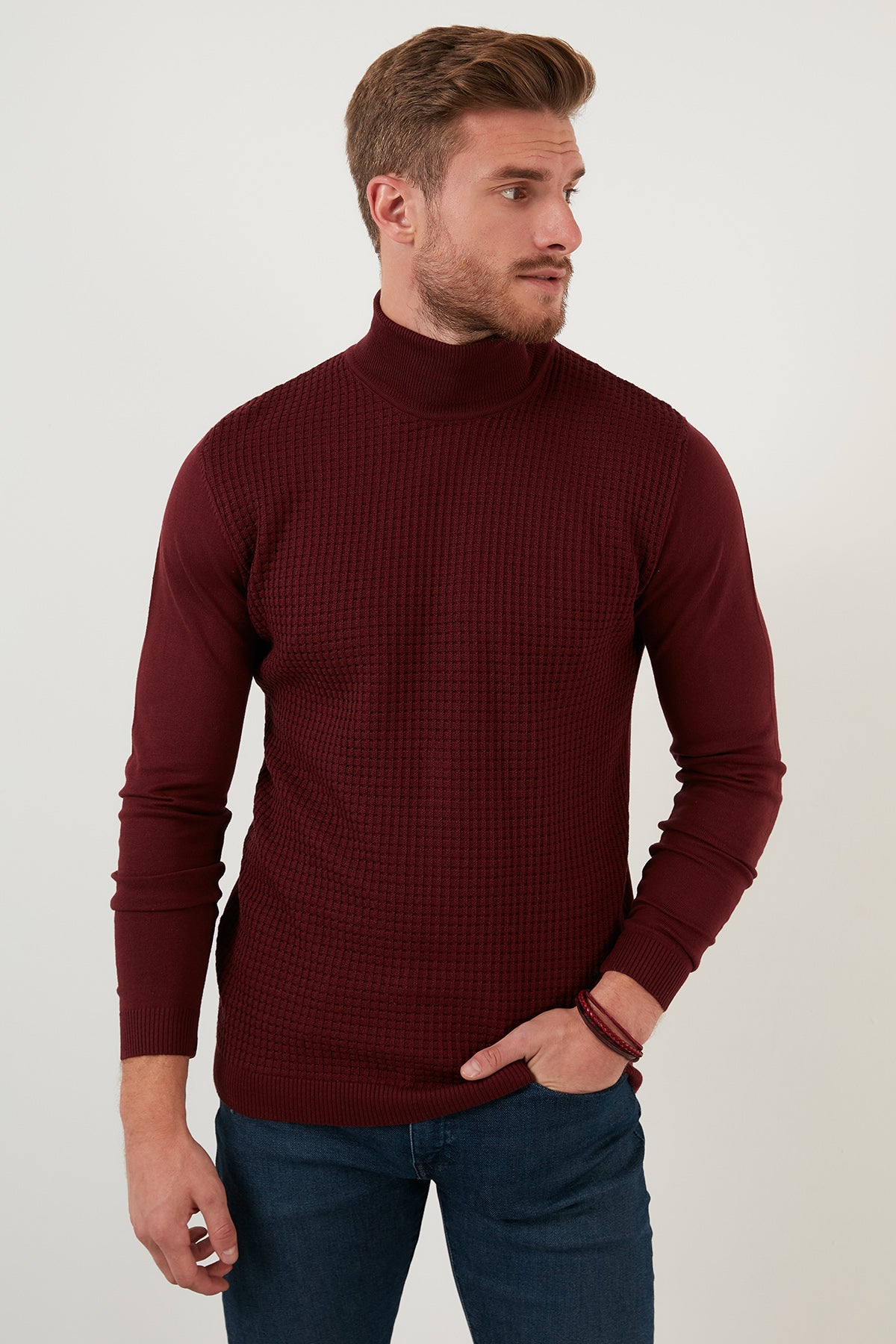 Buratti Regular Fit Balıkçı Yaka Pamuklu Triko Erkek Kazak 6353462 BORDO