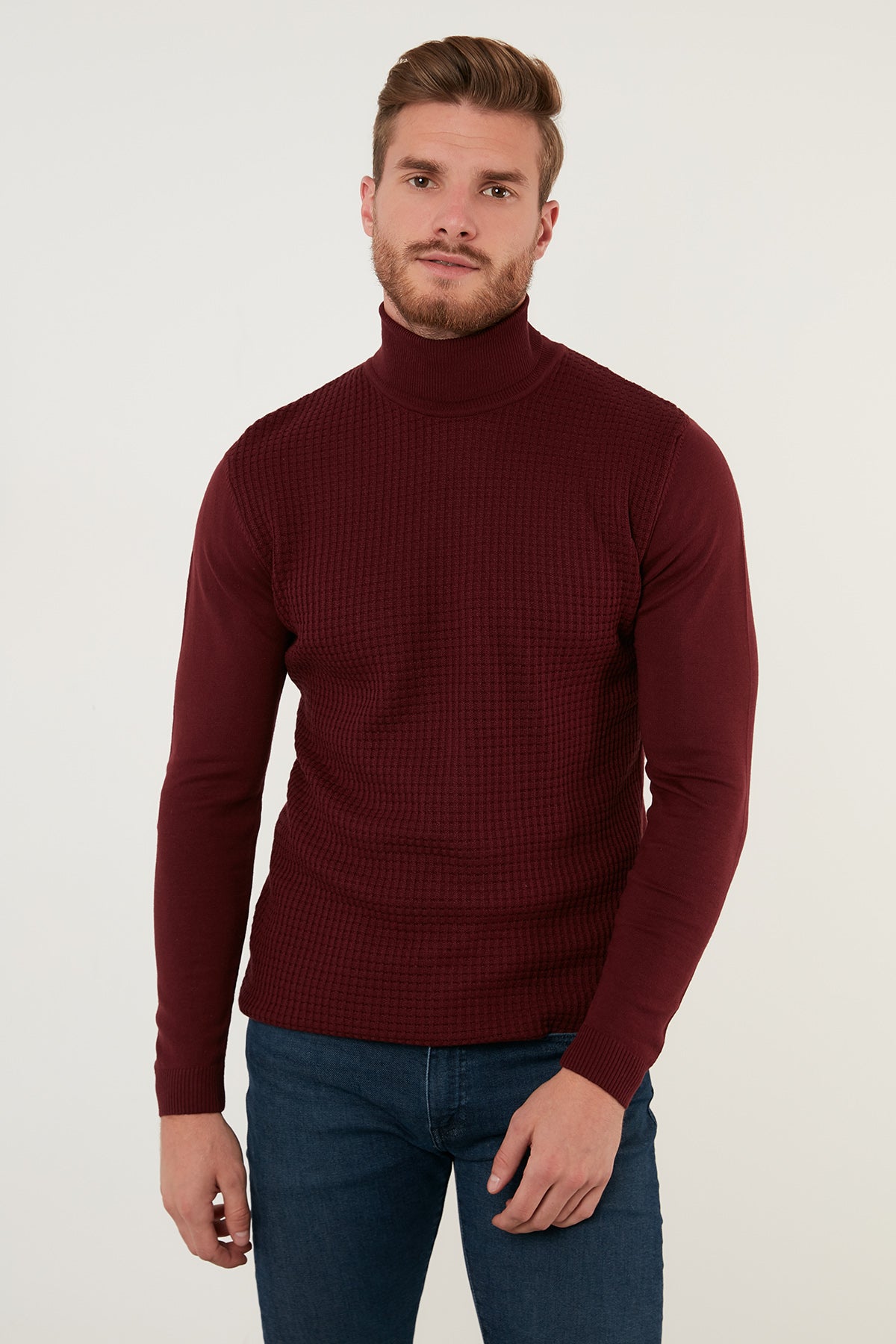 Buratti Regular Fit Balıkçı Yaka Pamuklu Triko Erkek Kazak 6353462 BORDO