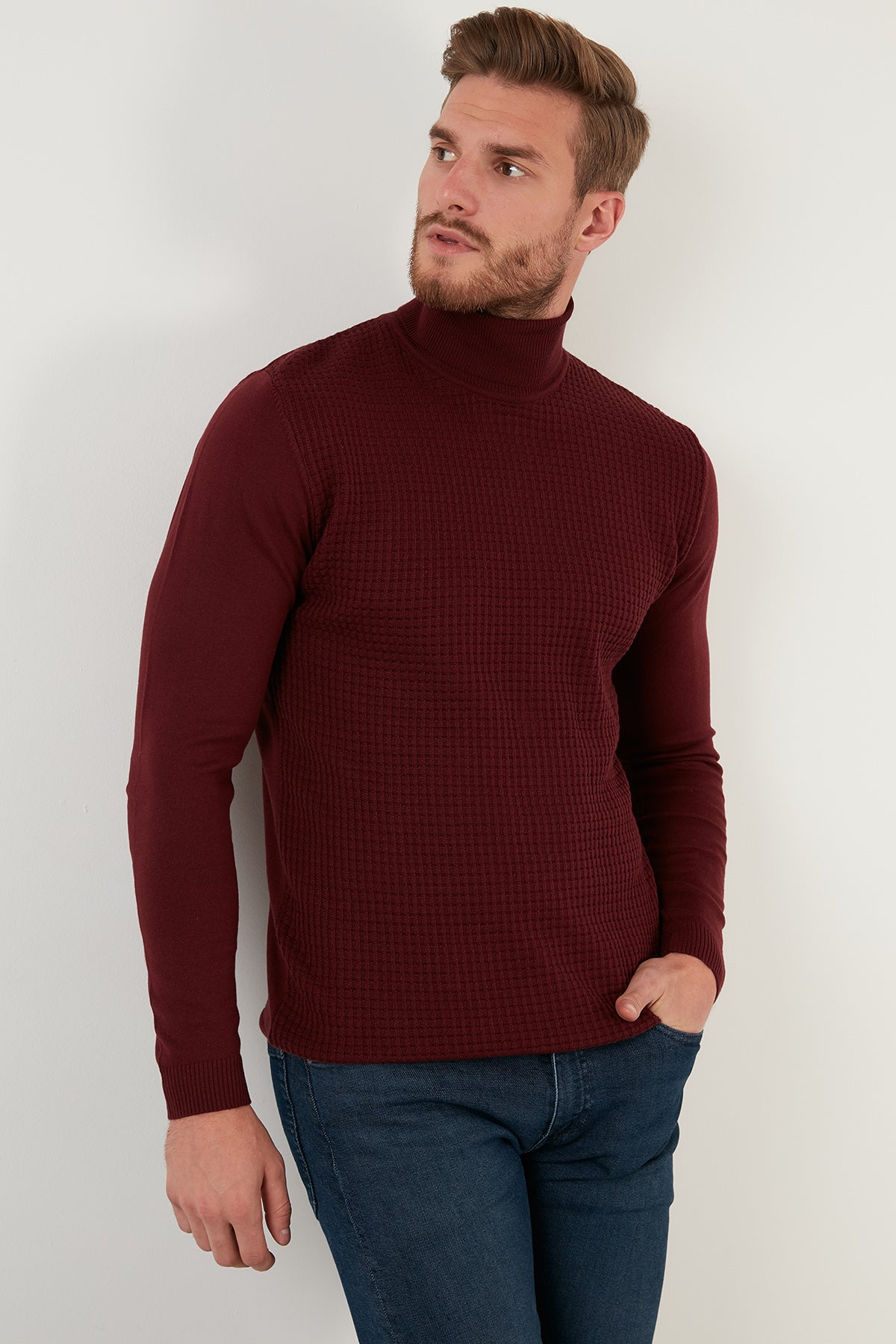 Buratti Regular Fit Balıkçı Yaka Pamuklu Triko Erkek Kazak 6353462 BORDO