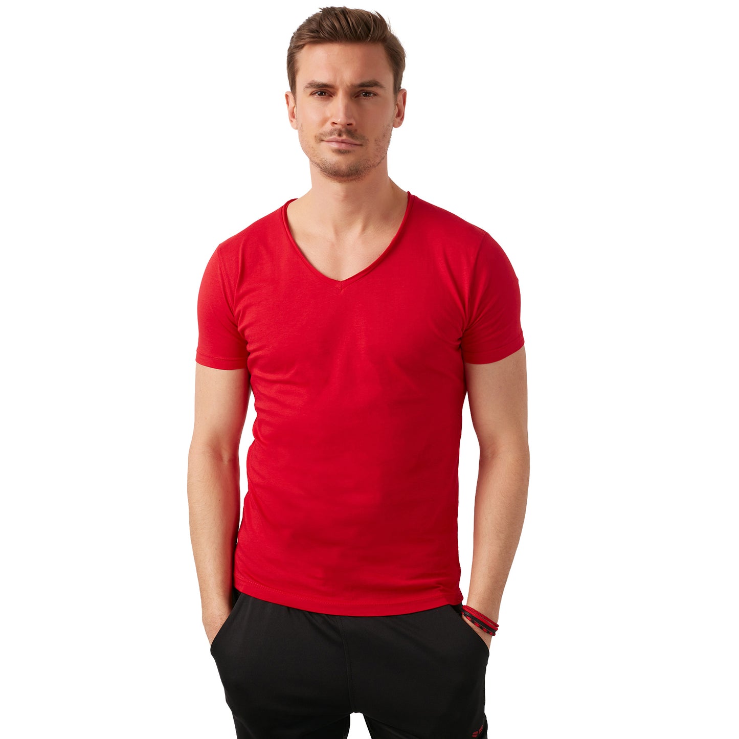 Buratti % 100 Pamuk Slim Fit V Yaka Basic Erkek T Shirt 5412001 KIRMIZI