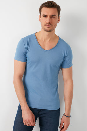 Buratti % 100 Pamuk Slim Fit V Yaka Basic Erkek T Shirt 5412001 İNDİGO