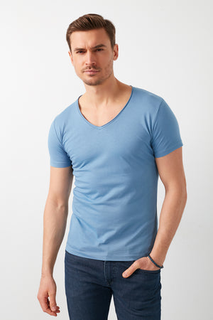 Buratti % 100 Pamuk Slim Fit V Yaka Basic Erkek T Shirt 5412001 İNDİGO