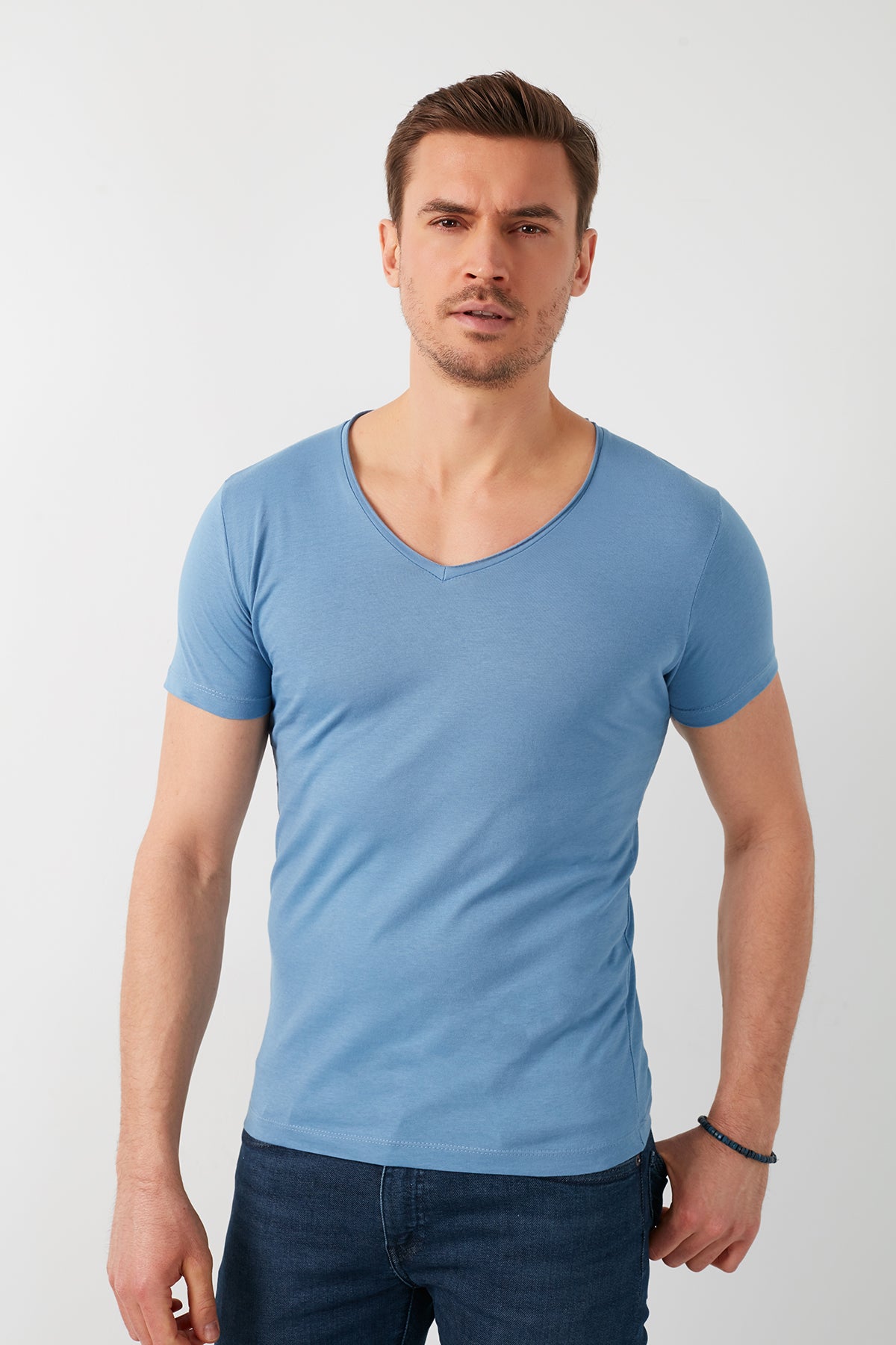 Buratti % 100 Pamuk Slim Fit V Yaka Basic Erkek T Shirt 5412001 İNDİGO