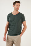 Buratti % 100 Pamuk Slim Fit V Yaka Basic Erkek T Shirt 5412001 Haki Melanj