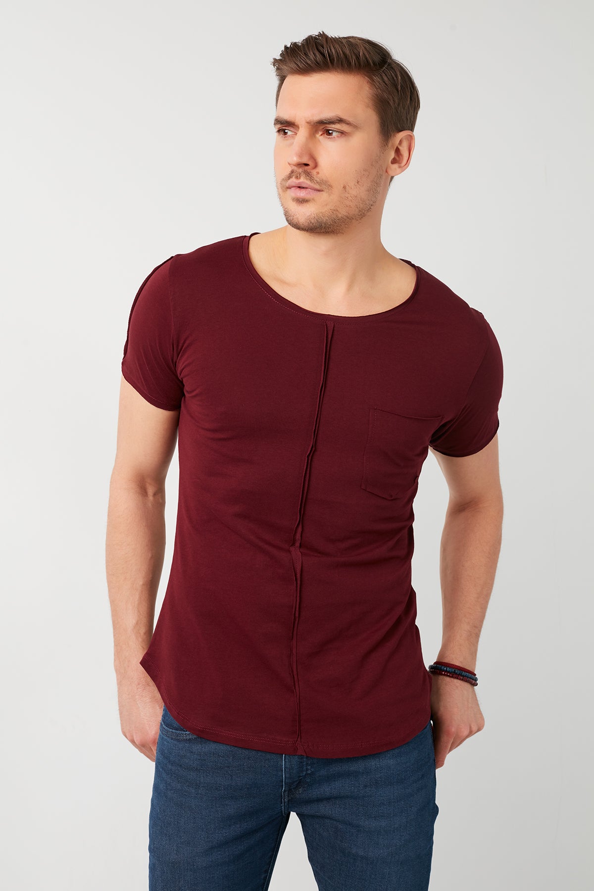 Buratti Pamuklu Slim Fit Bisiklet Yaka Cepli Erkek T Shirt 5412020 BORDO