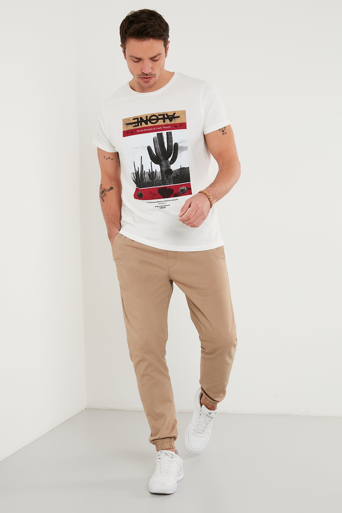 Buratti Baskılı % 100 Pamuk Bisiklet Yaka Slim Fit Erkek T Shirt 541ALONE EKRU