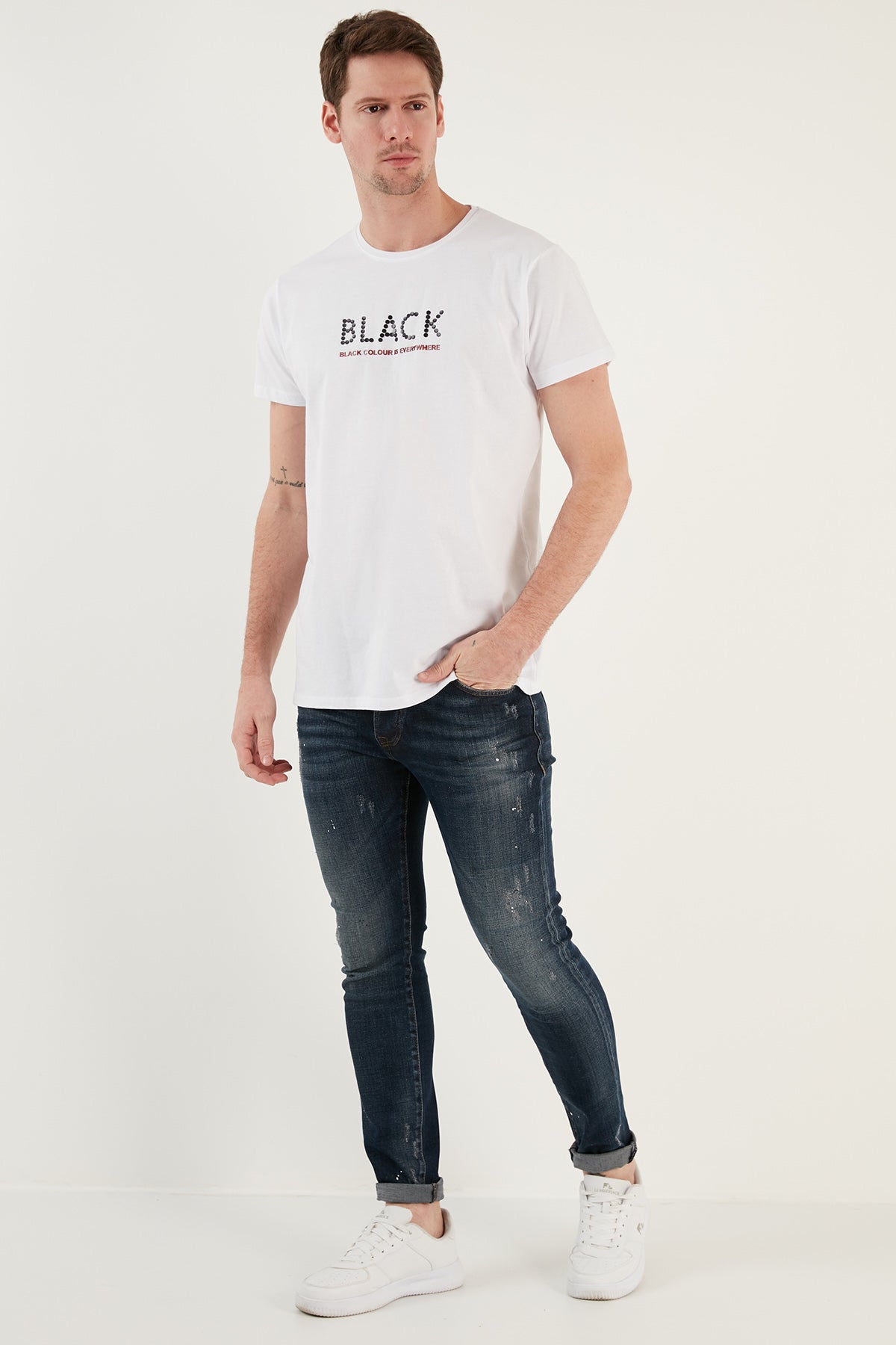 Buratti % 100 Pamuk Baskılı Slim Fit Bisiklet Yaka Erkek T Shirt 541BLACKCOLOUR BEYAZ