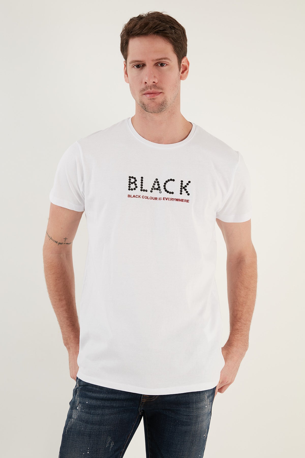 Buratti % 100 Pamuk Baskılı Slim Fit Bisiklet Yaka Erkek T Shirt 541BLACKCOLOUR BEYAZ