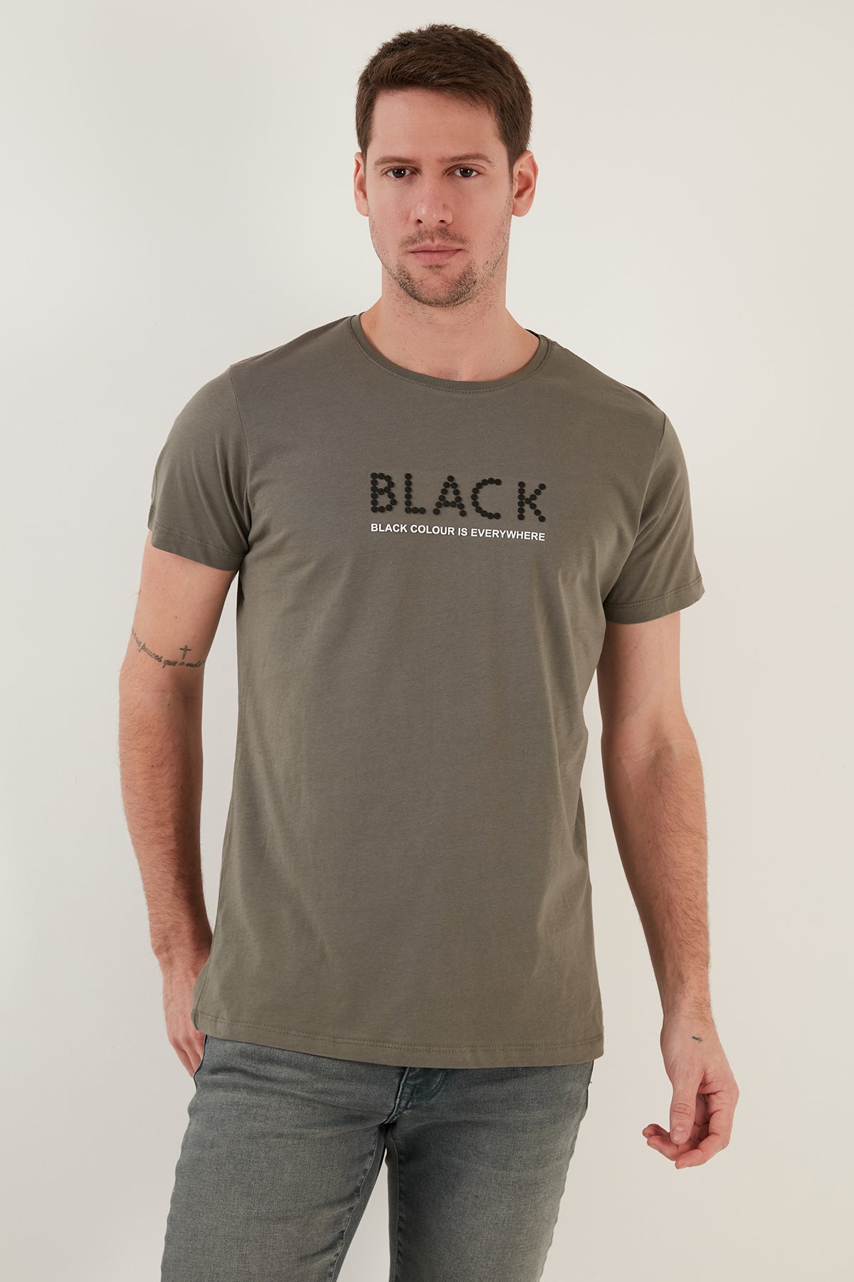 Buratti % 100 Pamuk Baskılı Slim Fit Bisiklet Yaka Erkek T Shirt 541BLACKCOLOUR AÇIK HAKİ