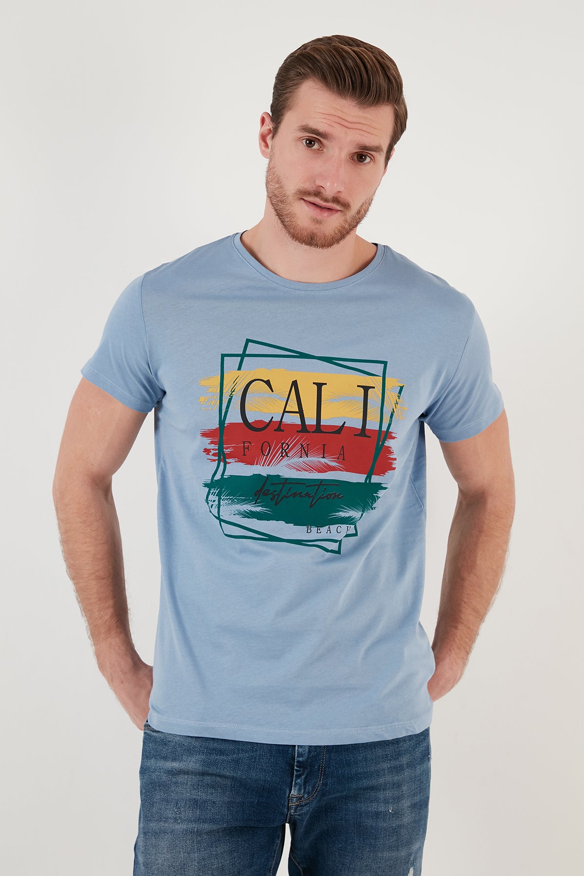 Buratti Pamuklu Slim Fit Bisiklet Yaka Erkek T Shirt 541CALIFORNIA24 İNDİGO