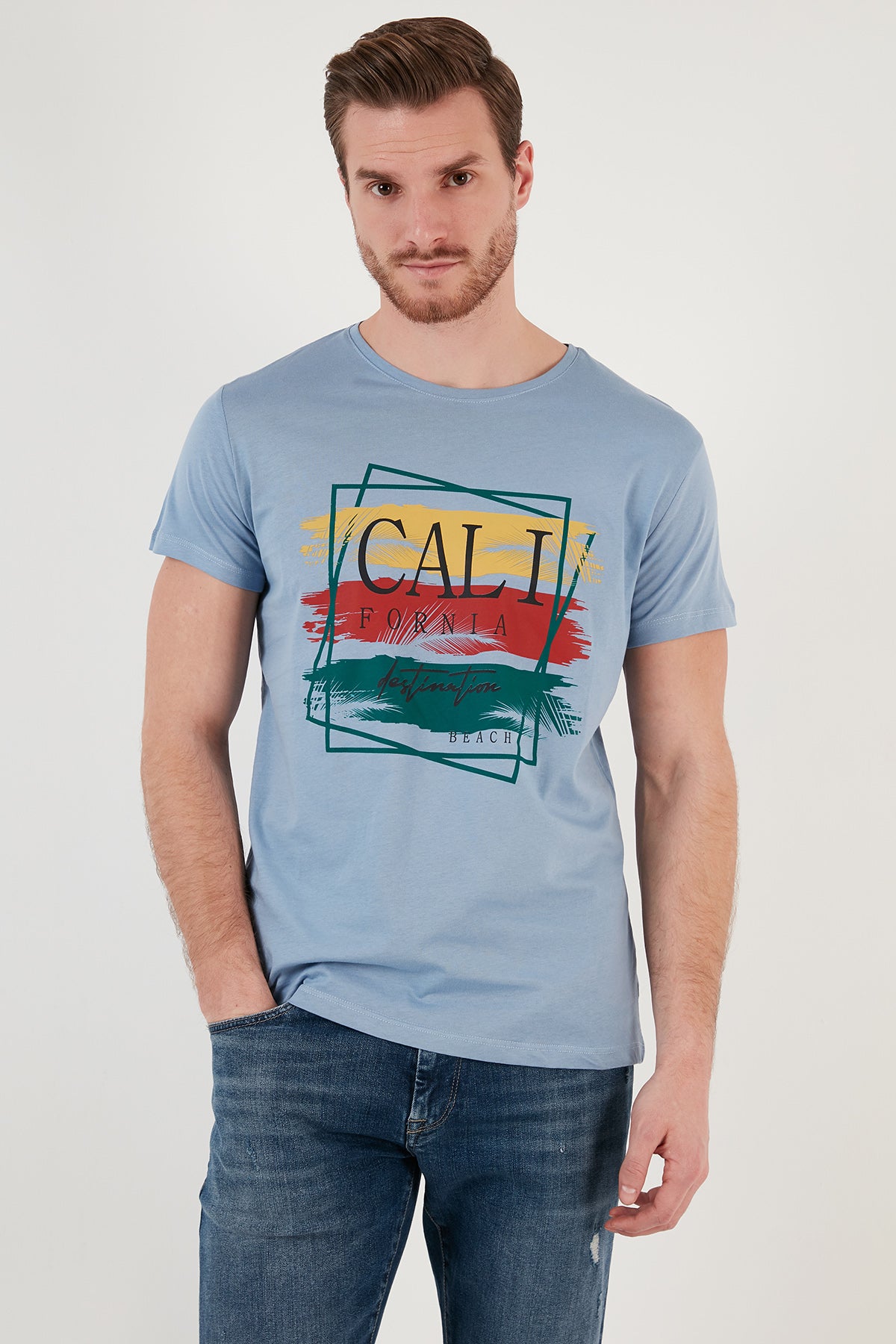 Buratti Pamuklu Slim Fit Bisiklet Yaka Erkek T Shirt 541CALIFORNIA24 İNDİGO