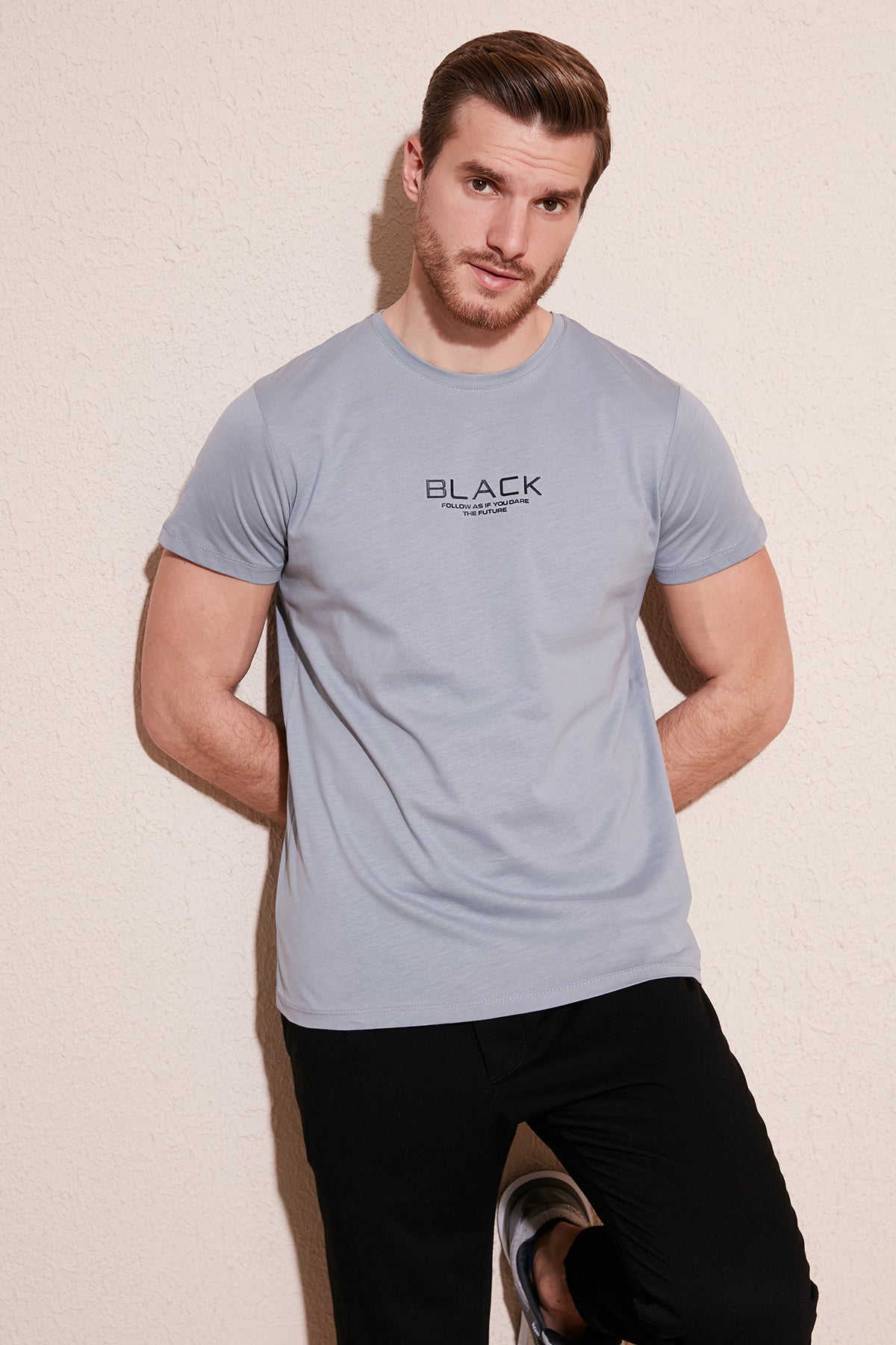 Buratti Baskılı Bisiklet Yaka % 100 Pamuk Slim Fit Erkek T Shirt 541FOLLOW AÇIK GRİ