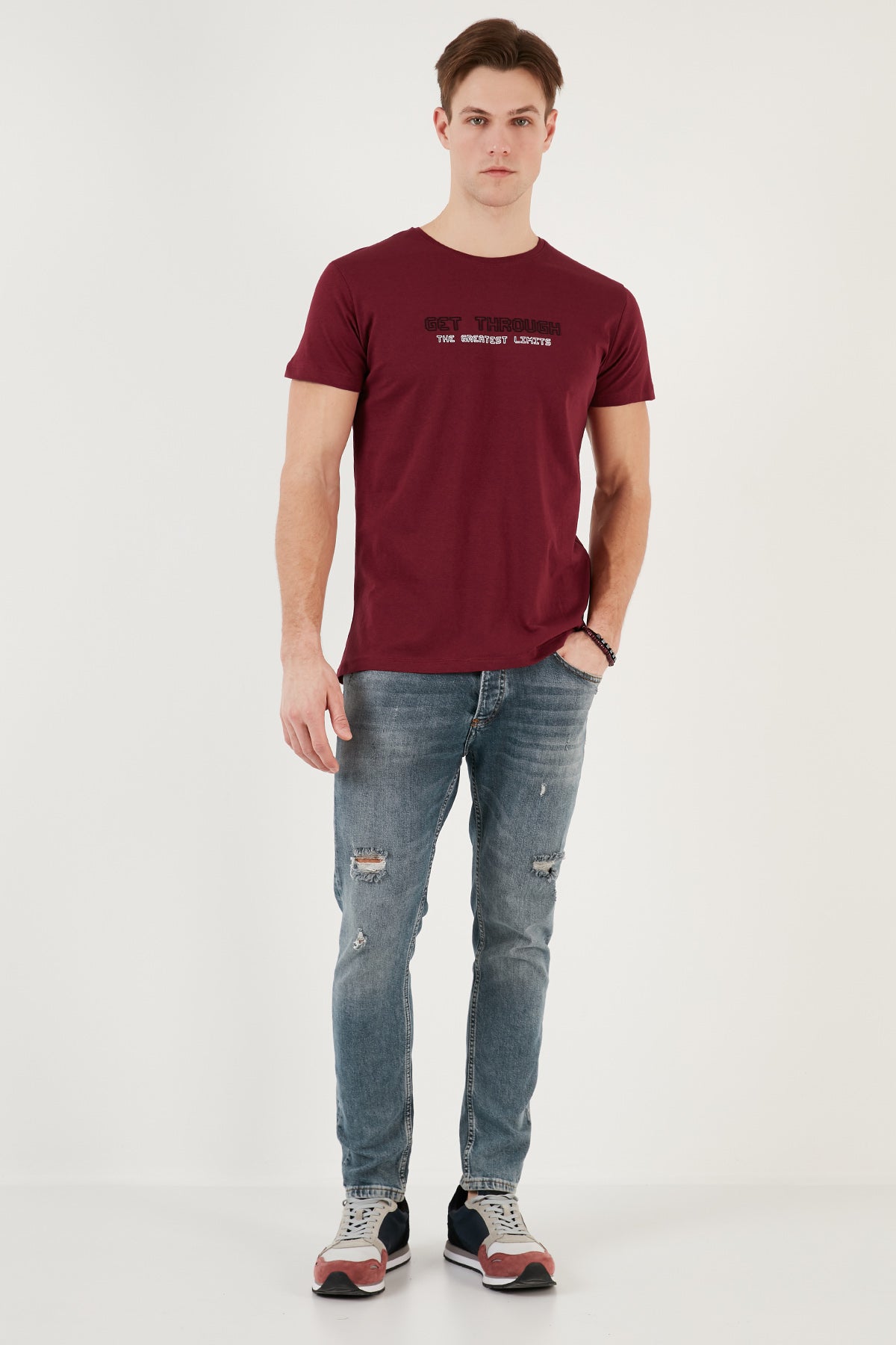 Buratti Basklı Bisiklet Yaka % 100 Pamuklu Slim Fit Erkek T Shirt 541GET BORDO