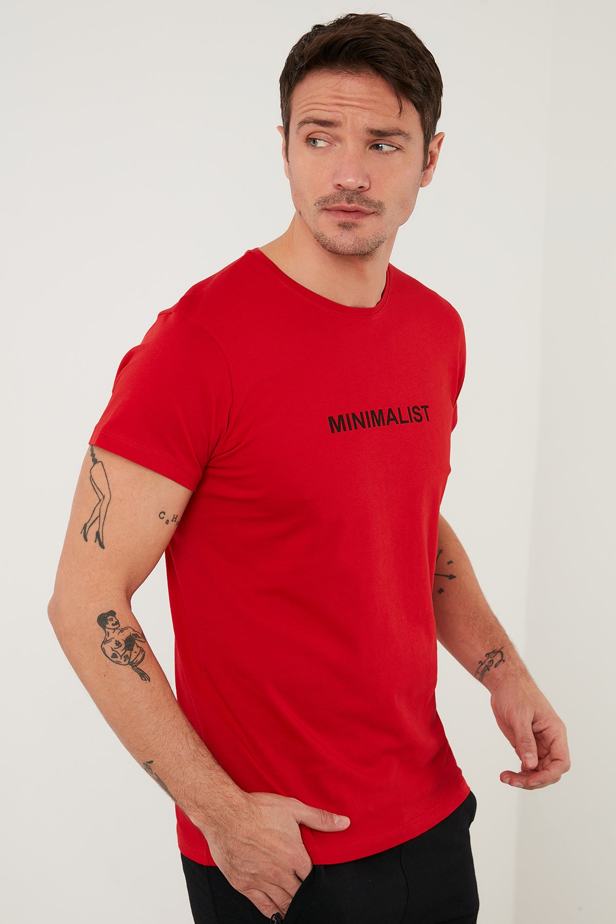 Buratti Baskılı % 100 Pamuk Bisiklet Yaka Slim Fit Erkek T Shirt 541MINIMALIST KIRMIZI