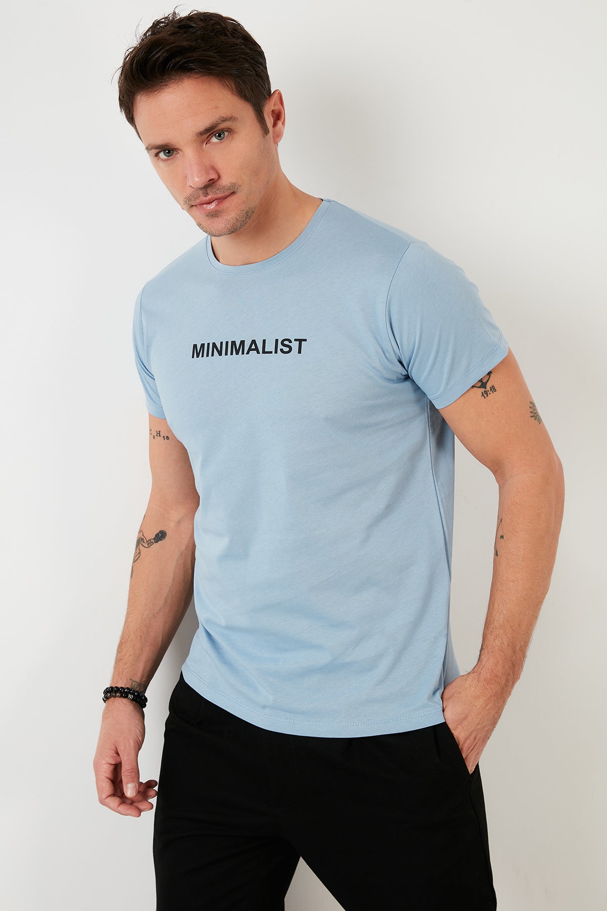 Buratti Baskılı % 100 Pamuk Bisiklet Yaka Slim Fit Erkek T Shirt 541MINIMALIST İNDİGO