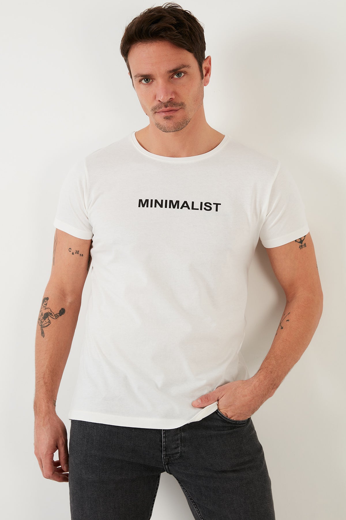 Buratti Baskılı % 100 Pamuk Bisiklet Yaka Slim Fit Erkek T Shirt 541MINIMALIST EKRU