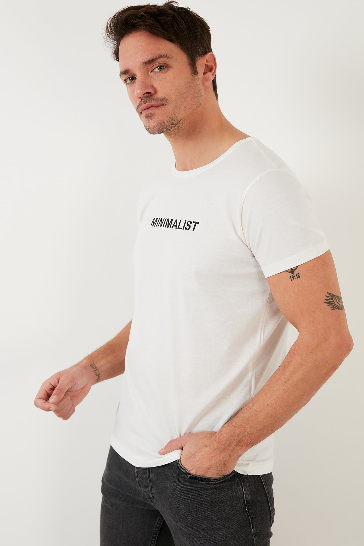 Buratti Baskılı % 100 Pamuk Bisiklet Yaka Slim Fit Erkek T Shirt 541MINIMALIST EKRU