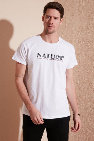 Buratti Yazı Baskılı Bisiklet Yaka % 100 Pamuk Slim Fit Erkek T Shirt 541NATURE BEYAZ