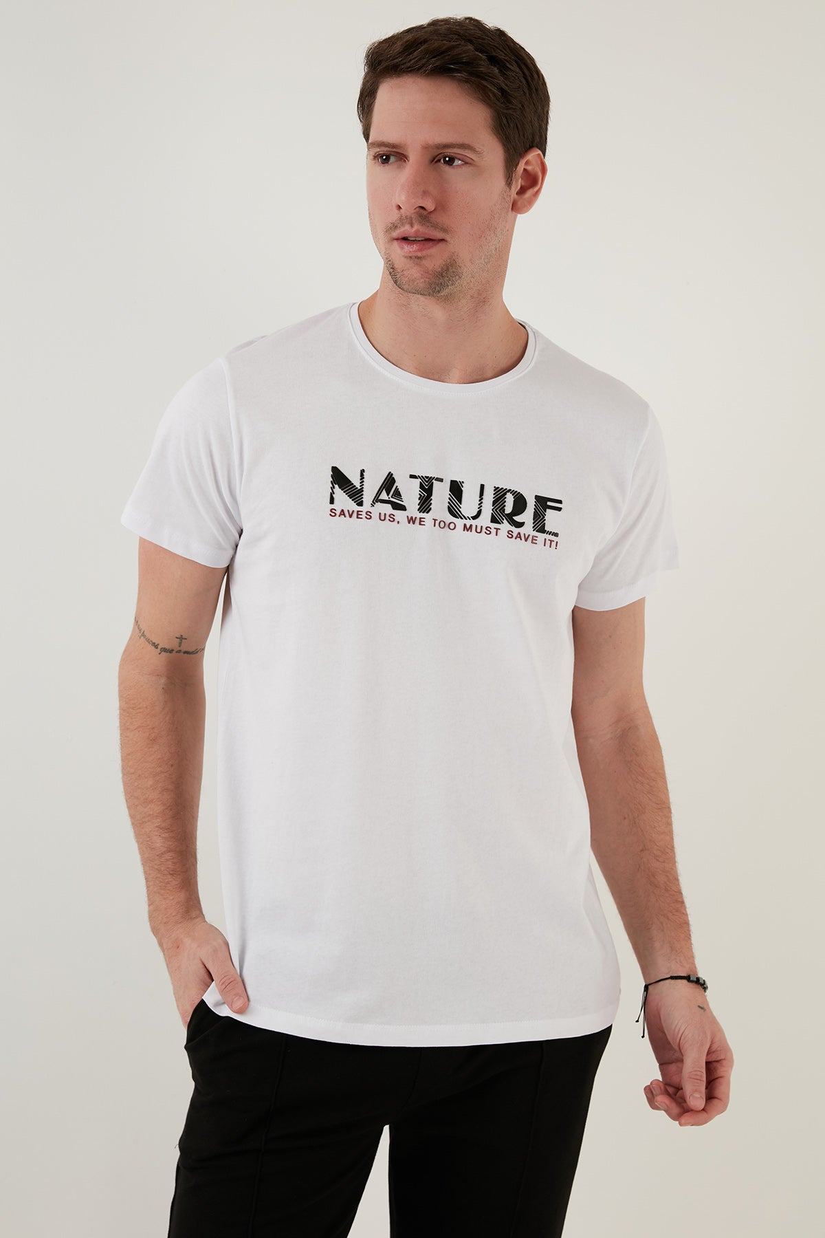 Buratti Yazı Baskılı Bisiklet Yaka % 100 Pamuk Slim Fit Erkek T Shirt 541NATURE BEYAZ