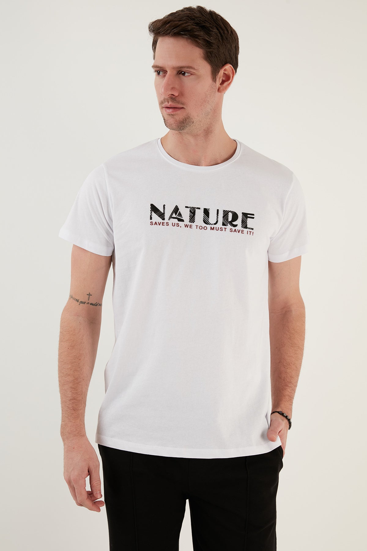 Buratti Yazı Baskılı Bisiklet Yaka % 100 Pamuk Slim Fit Erkek T Shirt 541NATURE BEYAZ