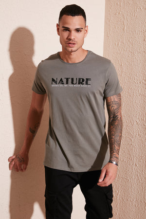 Buratti Yazı Baskılı Bisiklet Yaka % 100 Pamuk Slim Fit Erkek T Shirt 541NATURE AÇIK HAKİ