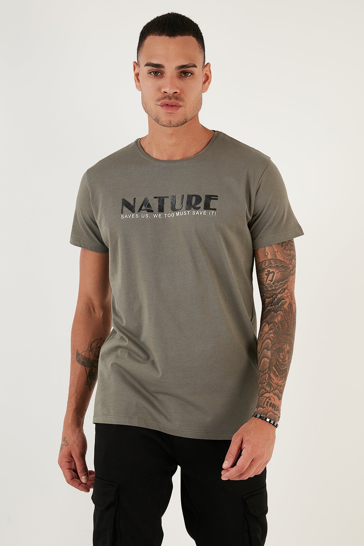 Buratti Yazı Baskılı Bisiklet Yaka % 100 Pamuk Slim Fit Erkek T Shirt 541NATURE AÇIK HAKİ