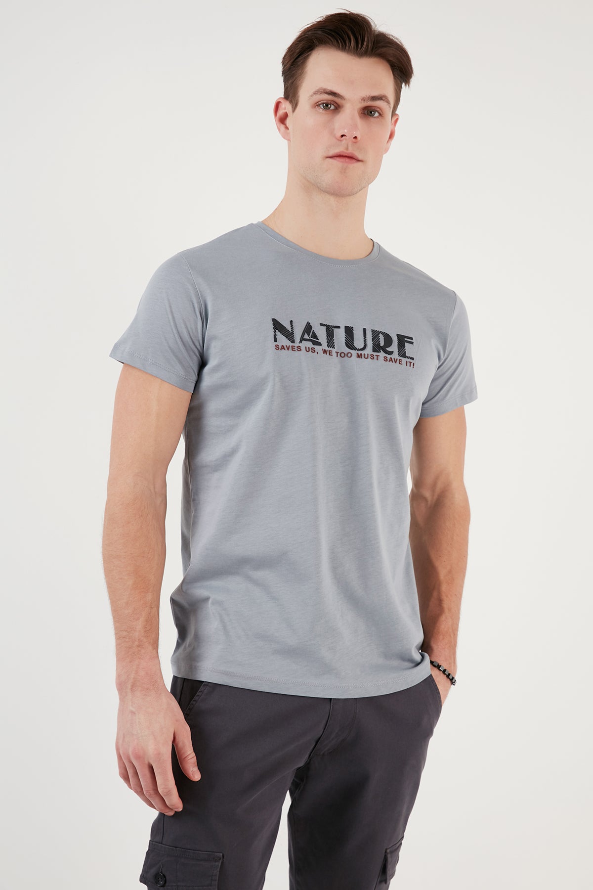 Buratti Bisiklet Yaka % 100 Pamuk Slim Fit Erkek T Shirt 541NATURE AÇIK GRİ