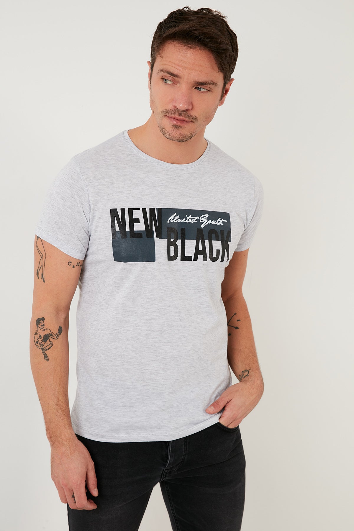 Buratti Baskılı % 100 Pamuk Bisiklet Yaka Slim Fit Erkek T Shirt 541NEWBLACK AÇIK GRİ