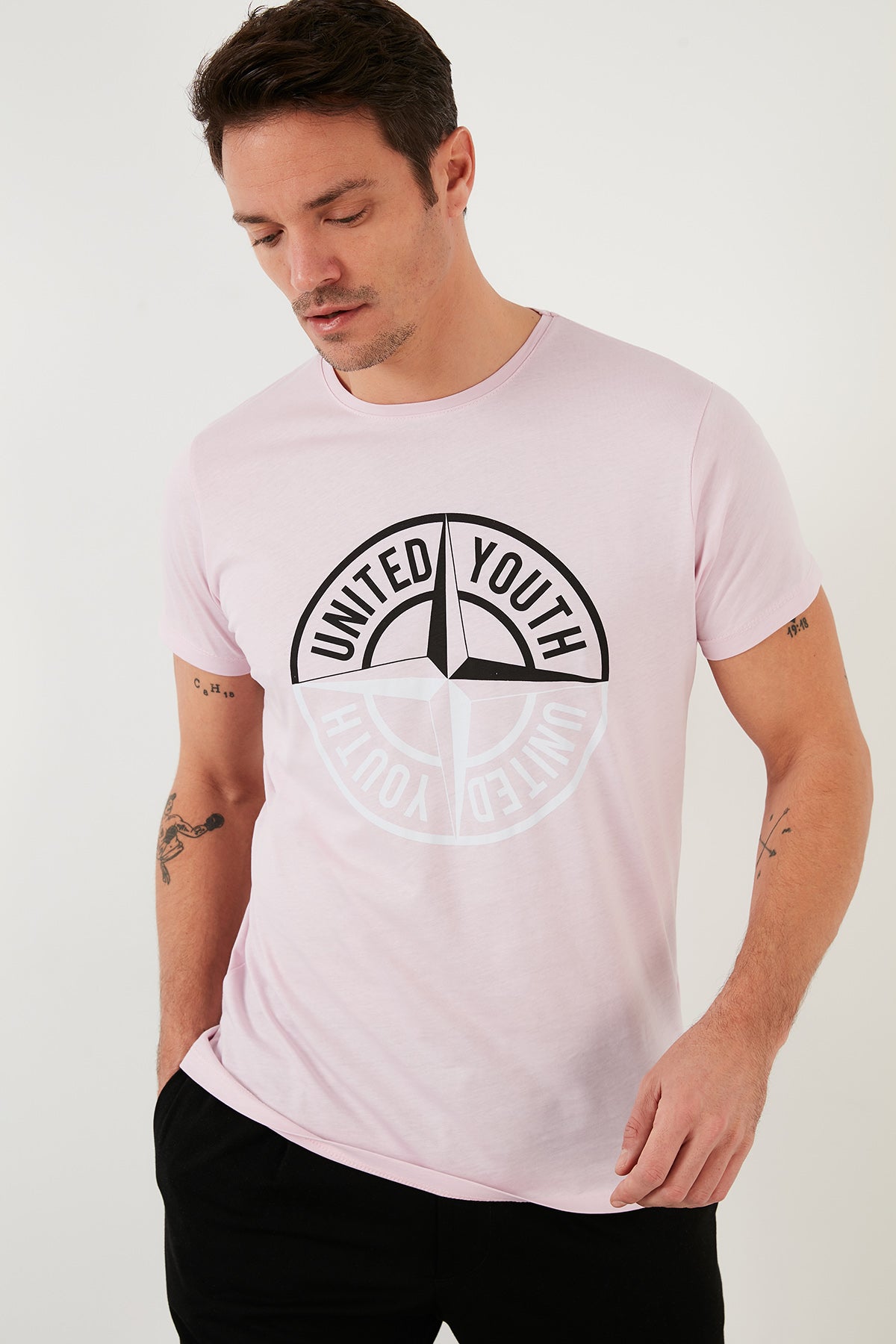 Buratti Baskılı Bisiklet Yaka % 100 Pamuk Slim Fit Erkek T Shirt 541PUSULA AÇIK PEMBE