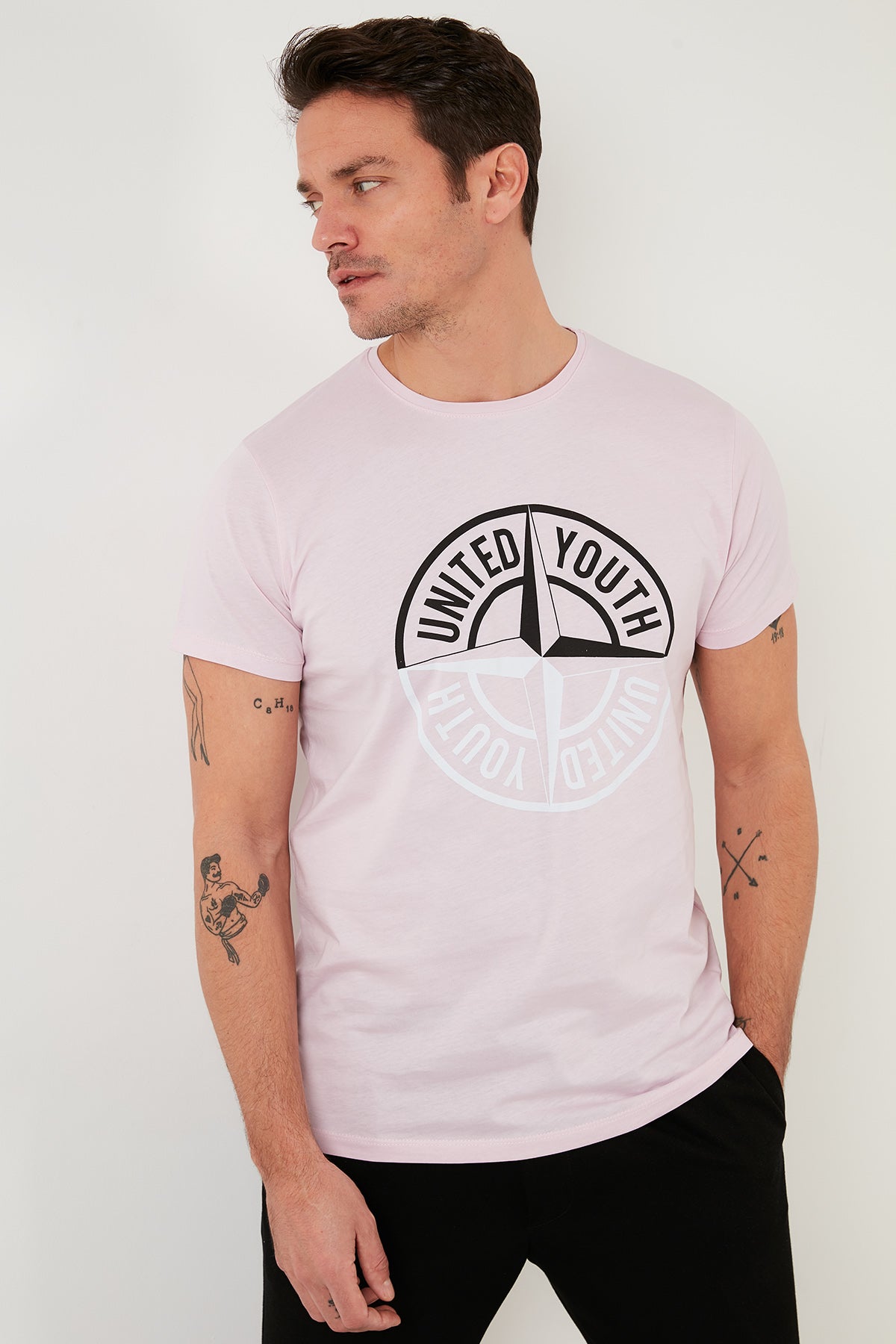 Buratti Baskılı Bisiklet Yaka % 100 Pamuk Slim Fit Erkek T Shirt 541PUSULA AÇIK PEMBE