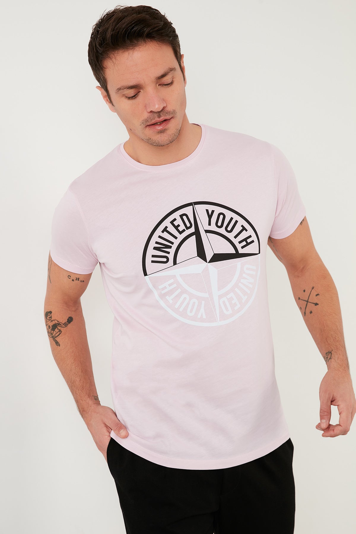 Buratti Baskılı Bisiklet Yaka % 100 Pamuk Slim Fit Erkek T Shirt 541PUSULA AÇIK PEMBE