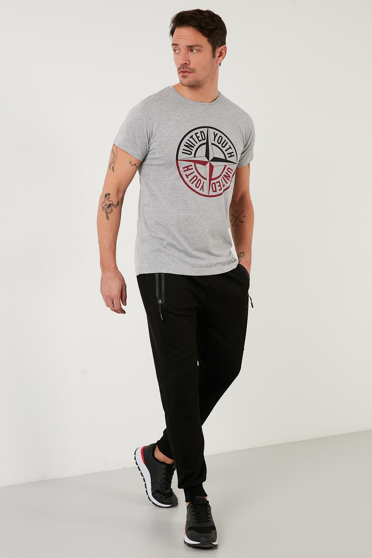 Buratti Baskılı Bisiklet Yaka % 100 Pamuk Slim Fit Erkek T Shirt 541PUSULA GRİ MELANJ