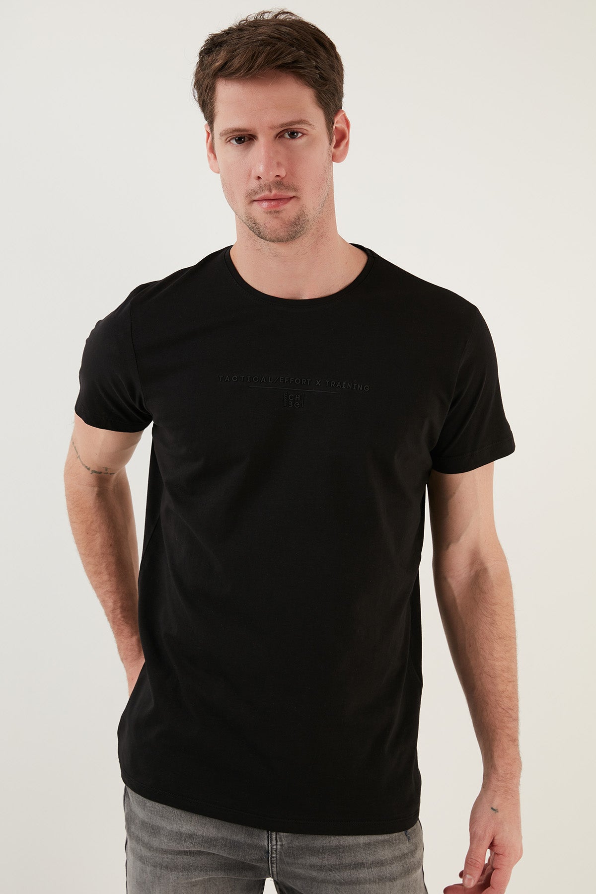 Buratti Yazı Baskılı Bisiklet Yaka % 100 Pamuk Slim Fit Basic Erkek T Shirt 541TACTICAL SİYAH