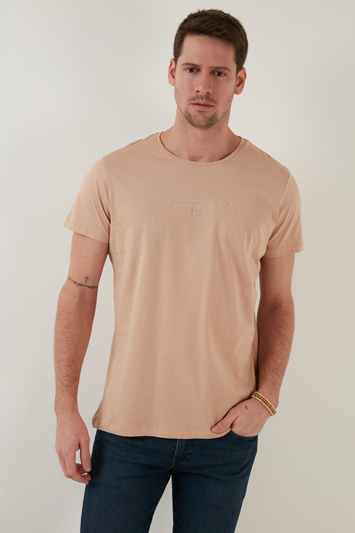 Buratti Yazı Baskılı Bisiklet Yaka % 100 Pamuk Slim Fit Basic Erkek T Shirt 541TACTICAL VİZON