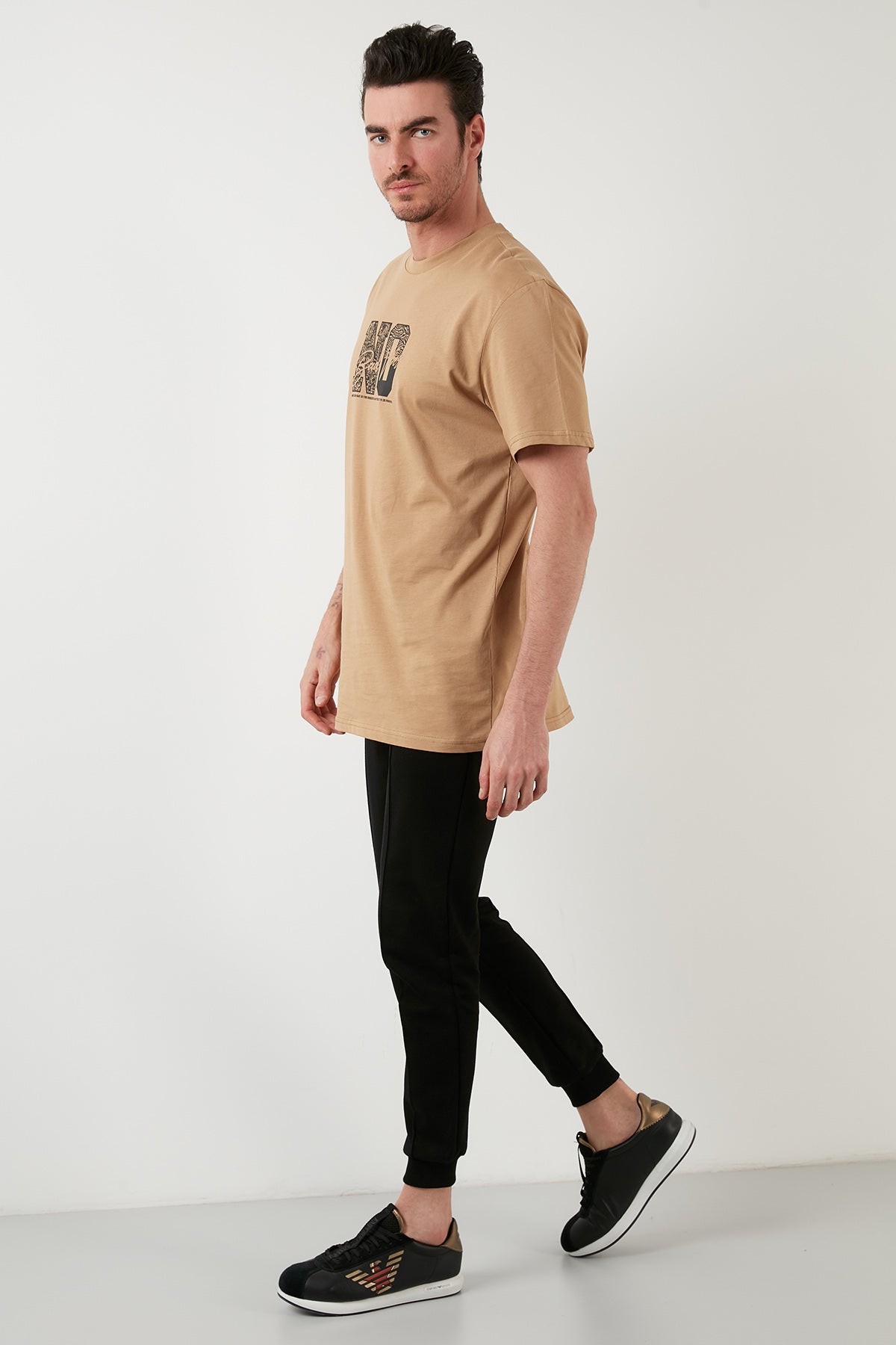 Buratti Baskılı Pamuklu Oversize Bisiklet Yaka Erkek T Shirt 5727403 VİZON