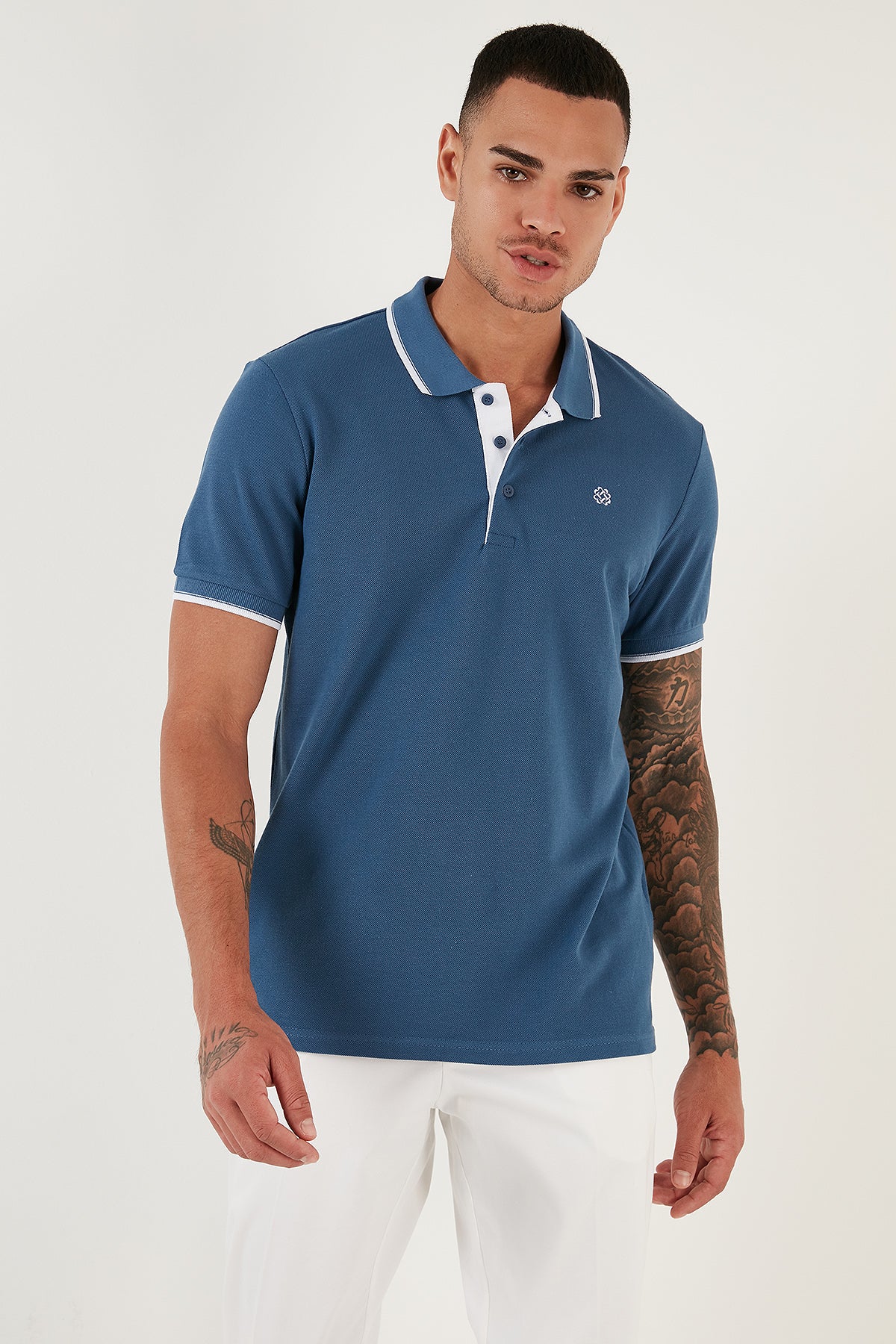 Buratti % 100 Pamuk Düğmeli Slim Fit Erkek Polo Yaka T Shirt 5902118 Koyu Mavi-Beyaz