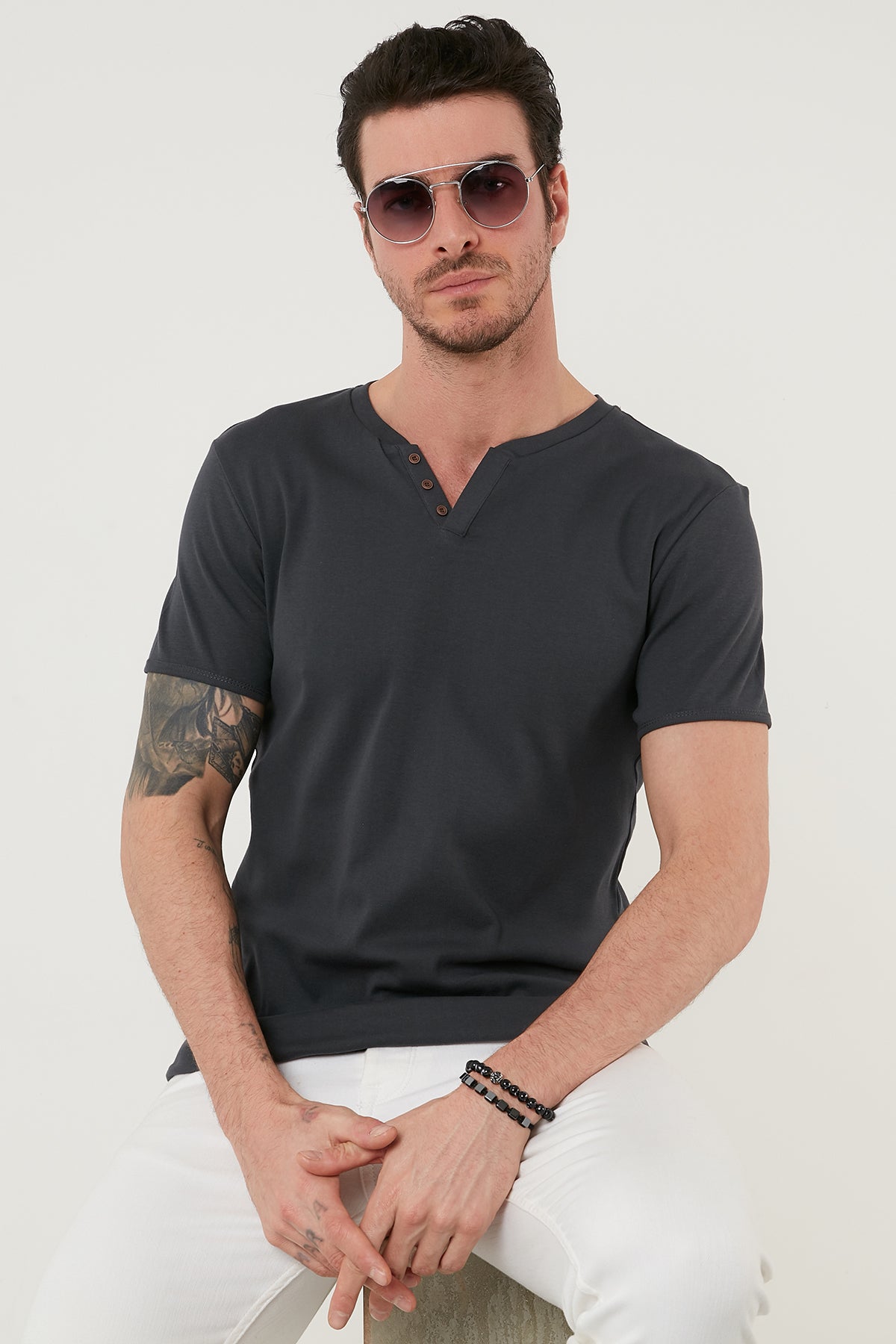 Buratti % 100 Pamuklu V Yaka Slim Fit Erkek T Shirt 5902122 ANTRASİT