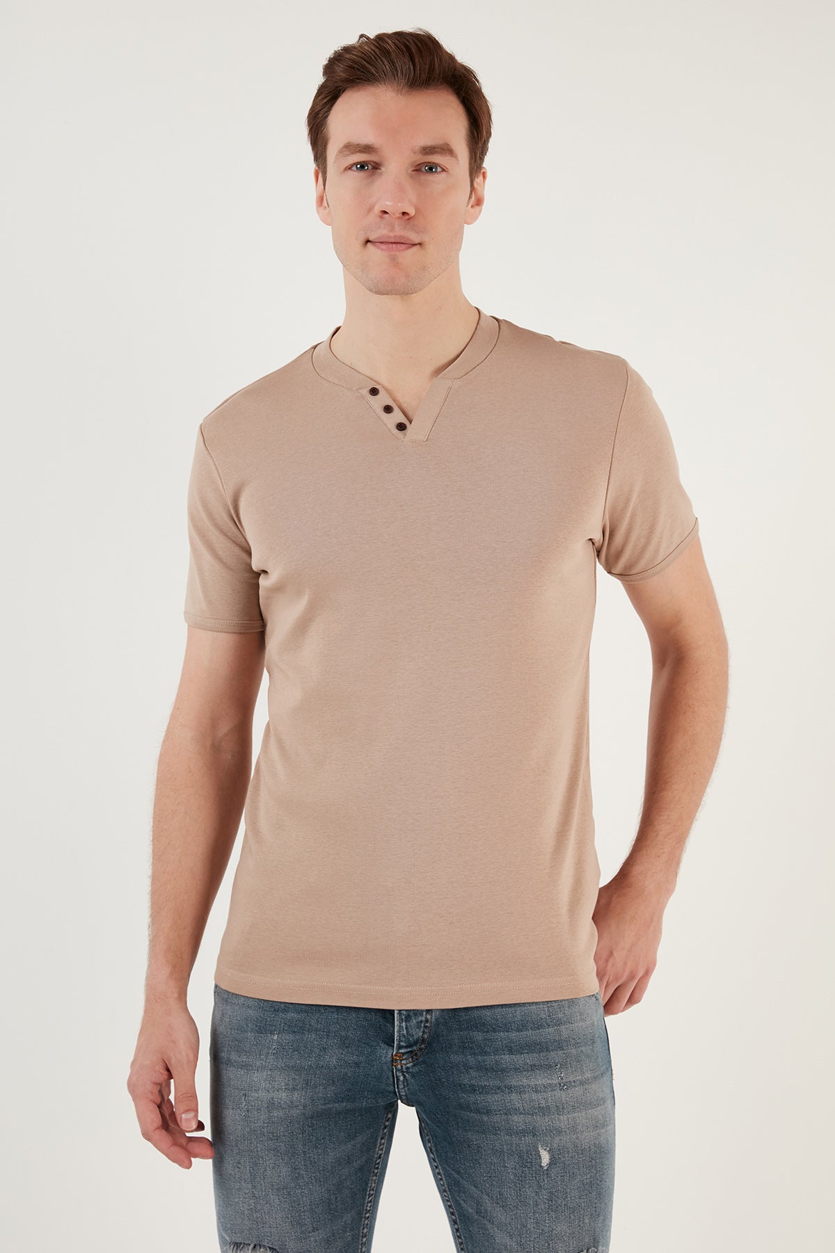 Buratti % 100 Pamuklu V Yaka Slim Fit Erkek T Shirt 5902122 TAŞ