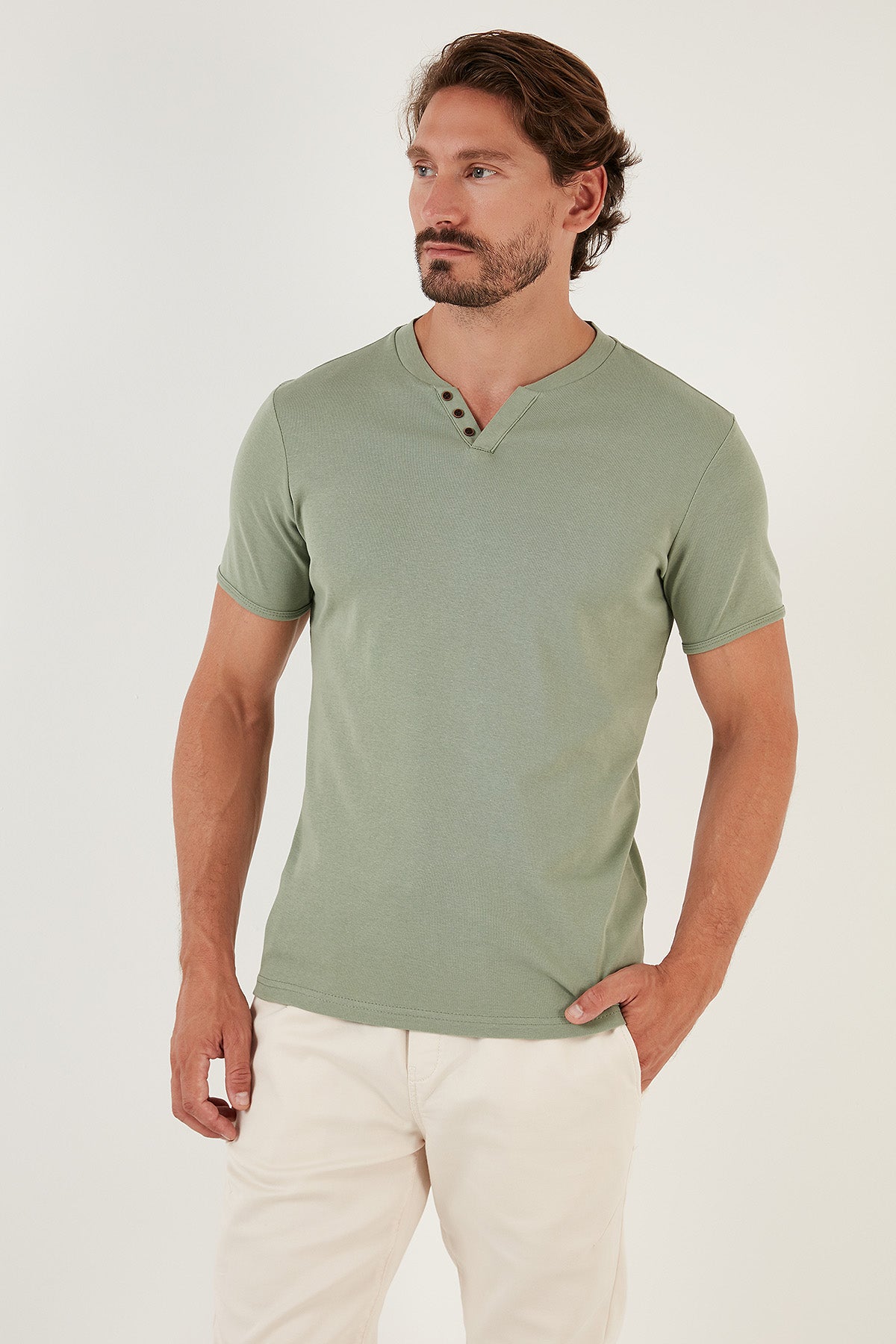 Buratti % 100 Pamuklu V Yaka Slim Fit Erkek T Shirt 5902122 ELMA YEŞİLİ