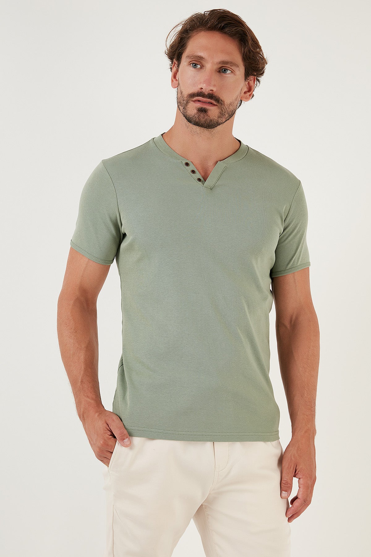 Buratti % 100 Pamuklu V Yaka Slim Fit Erkek T Shirt 5902122 ELMA YEŞİLİ