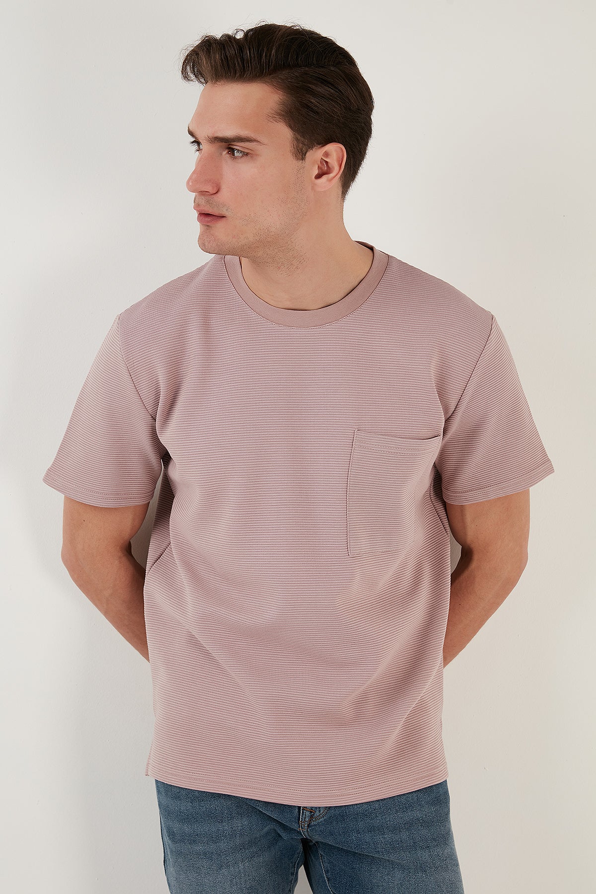 Buratti Bisiklet Yaka Tek Cepli Pamuklu Oversize Erkek T Shirt 5902305 PUDRA