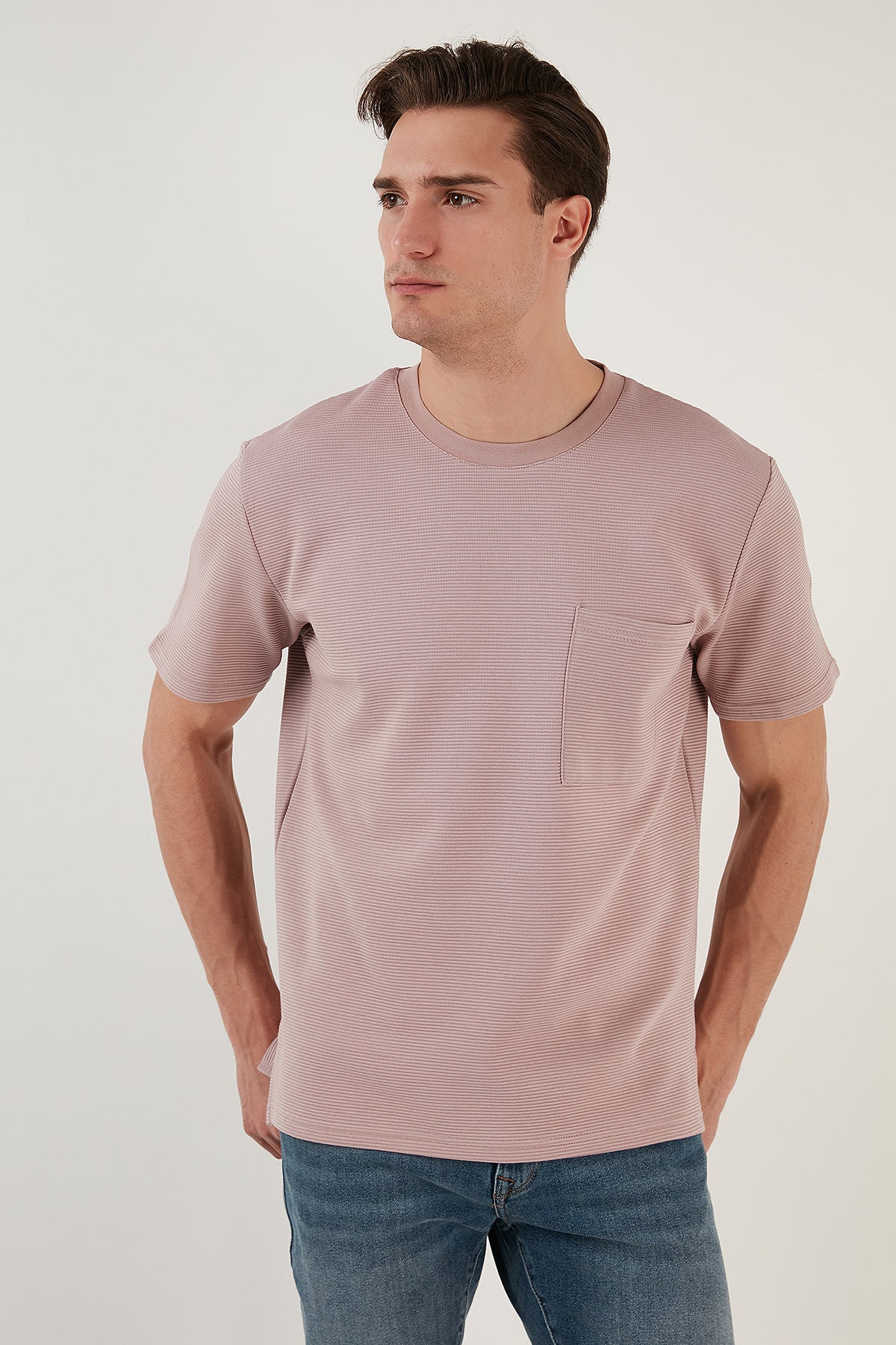 Buratti Bisiklet Yaka Tek Cepli Pamuklu Oversize Erkek T Shirt 5902305 PUDRA