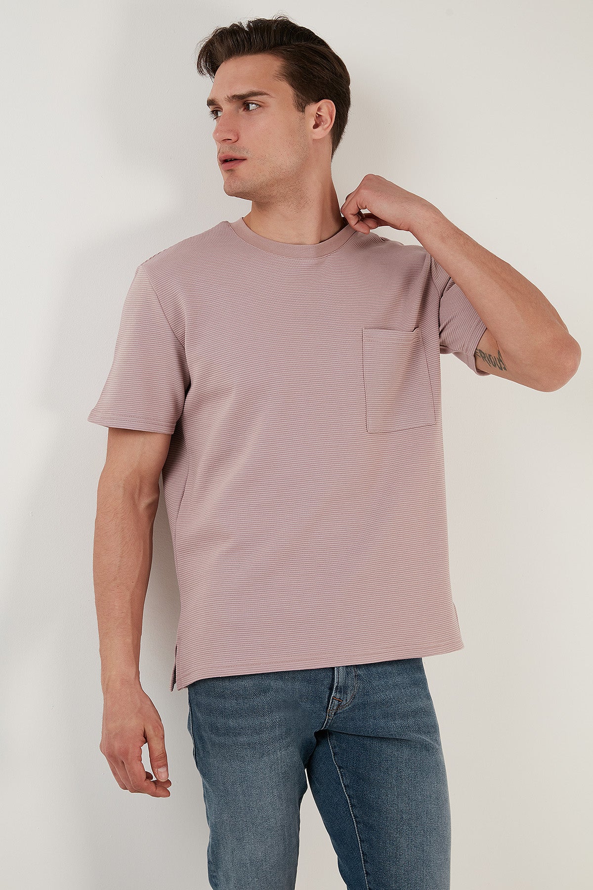 Buratti Bisiklet Yaka Tek Cepli Pamuklu Oversize Erkek T Shirt 5902305 PUDRA