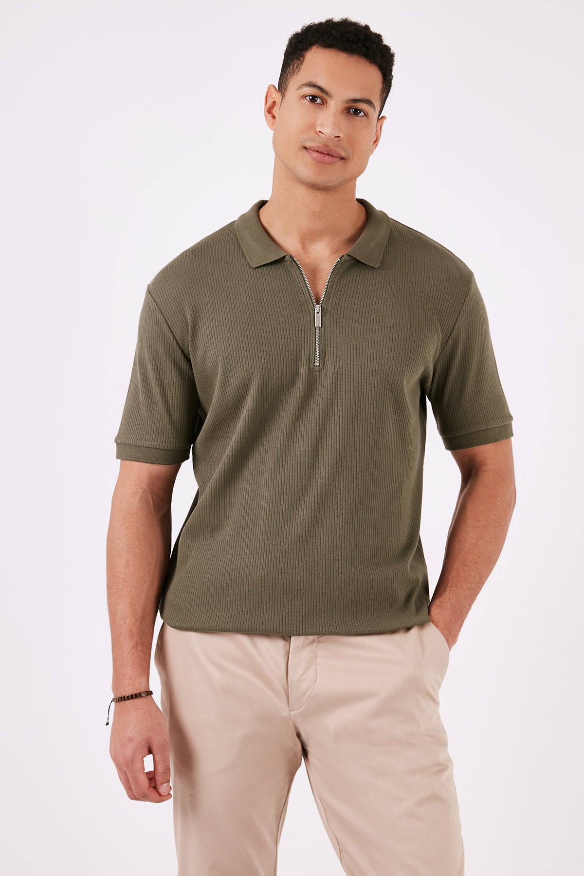 Buratti Pamuklu Regular Fit Fermuarlı Erkek Polo Yaka T Shirt 5902738 HAKİ