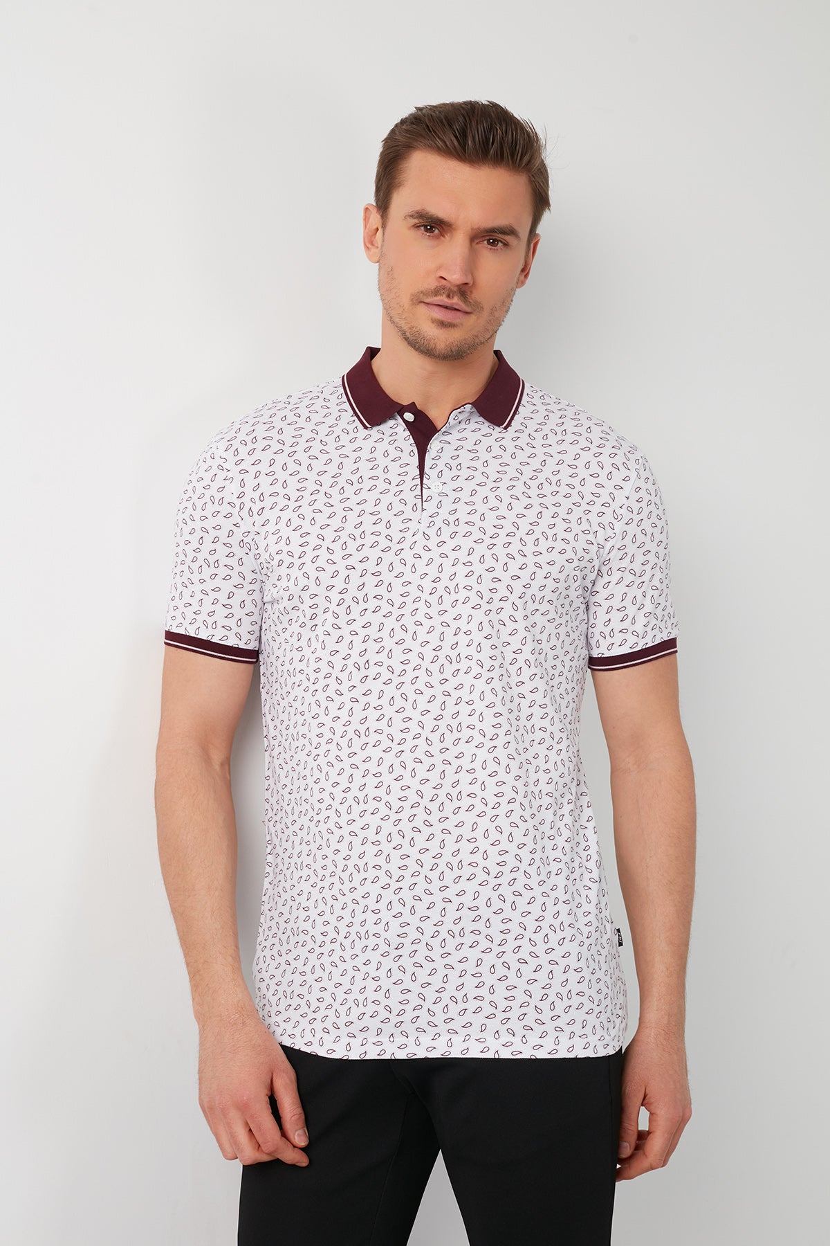 Buratti % 100 Pamuklu Desenli  Yaka T Shirt Erkek Polo 5968001 BEYAZ-BORDO