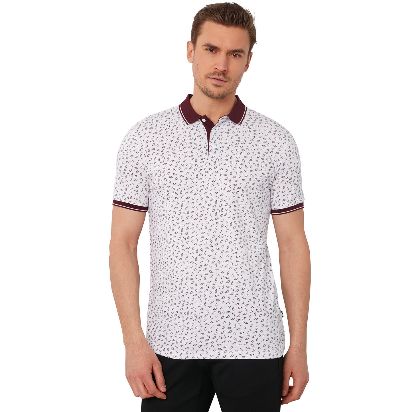 Buratti % 100 Pamuklu Desenli  Yaka T Shirt Erkek Polo 5968001 BEYAZ-BORDO