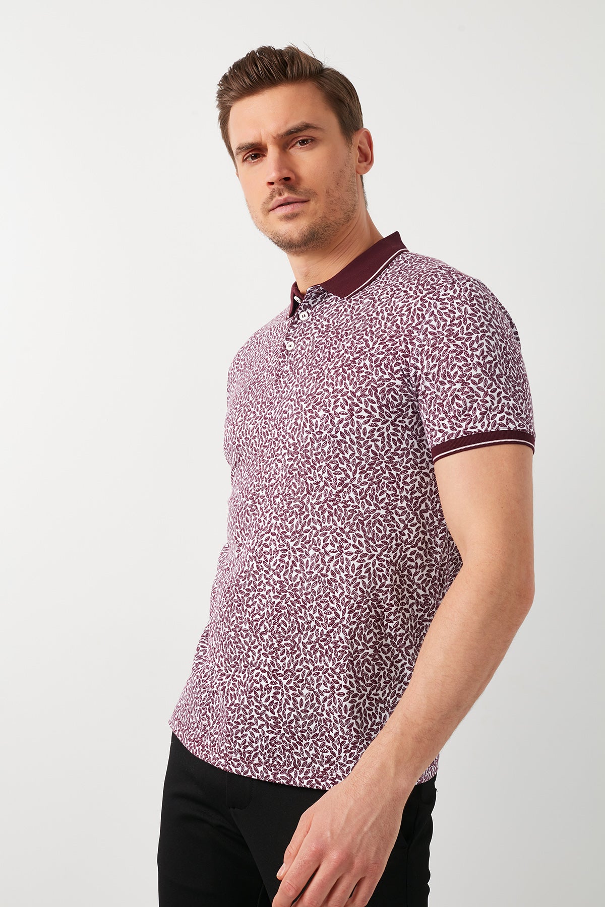 Buratti % 100 Pamuklu Desenli  Yaka T Shirt Erkek Polo 5968001 BORDO-BEYAZ