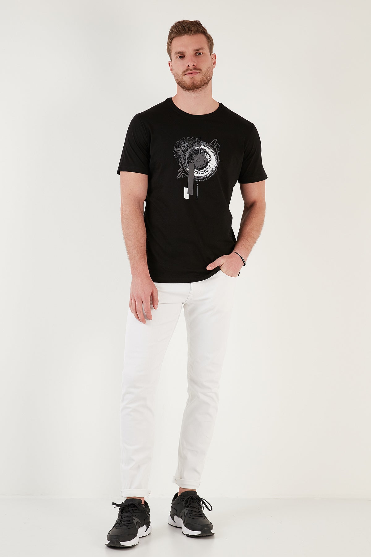 Buratti Baskılı % 100 Pamuk Slim Fit Bisiklet Yaka Erkek T Shirt 646B3860 SİYAH