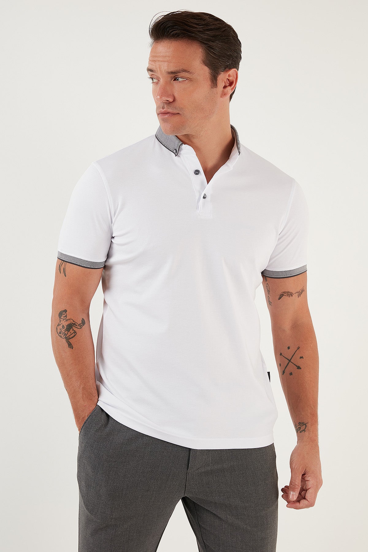 Buratti Pamuklu Slim Fit Erkek Polo T Shirt 646R4560 BEYAZ-ANTRASİT